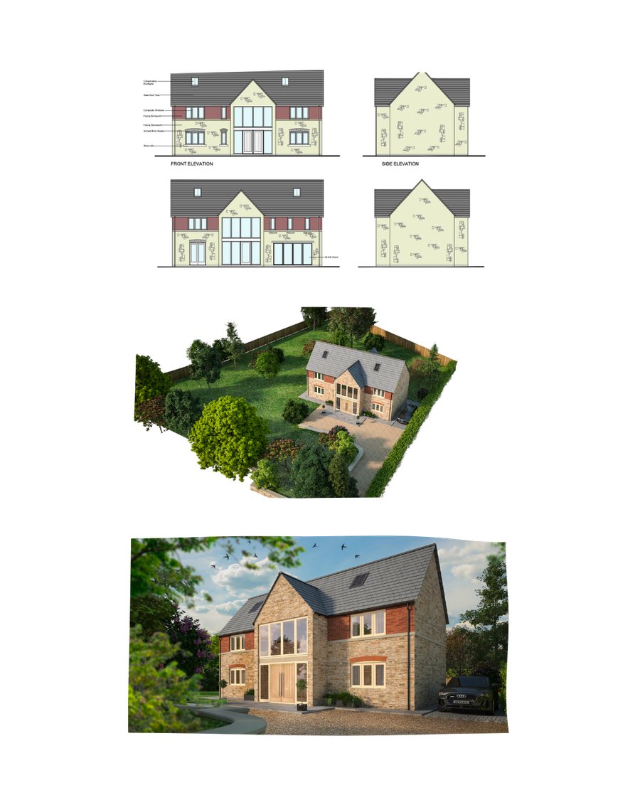 Grove House, Swindon — CGI of the new home, aerial view of the plot and site plan
